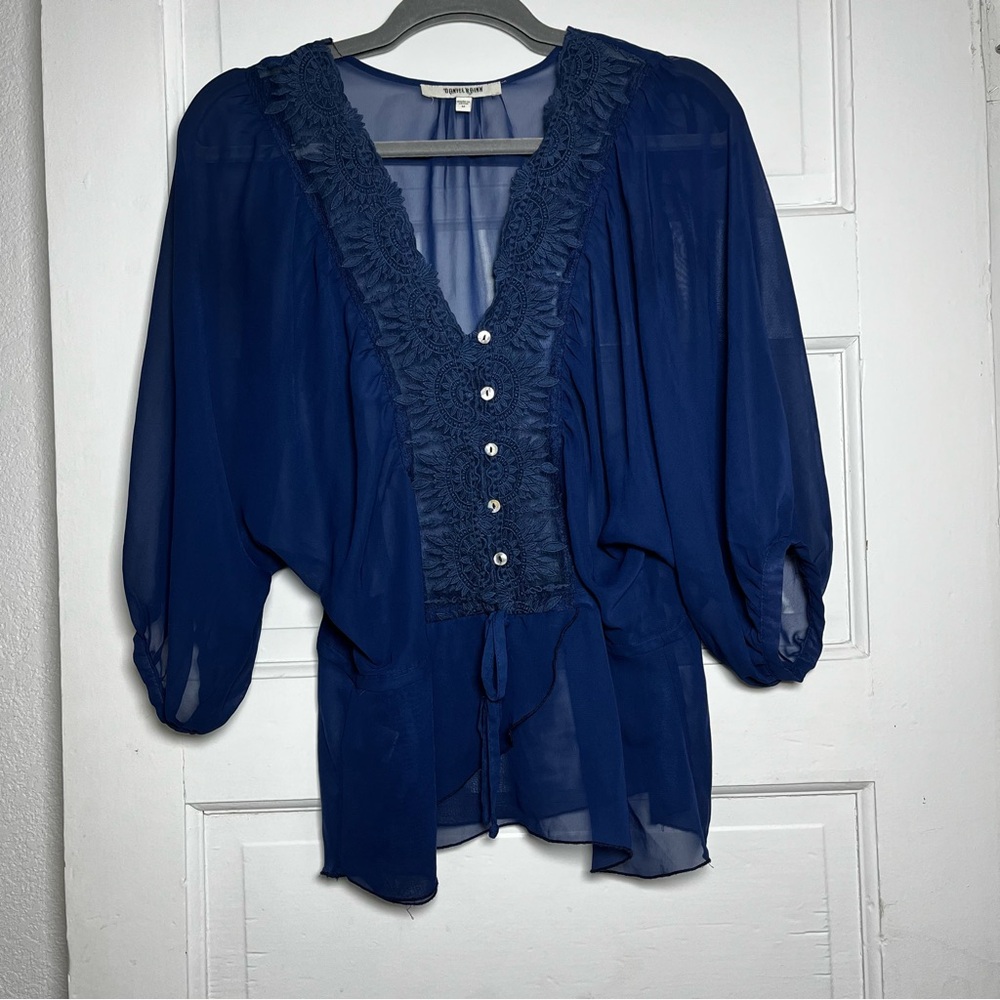 Flowy relaxed Navy Blue Laced Sheer Women’s Blouse Size M